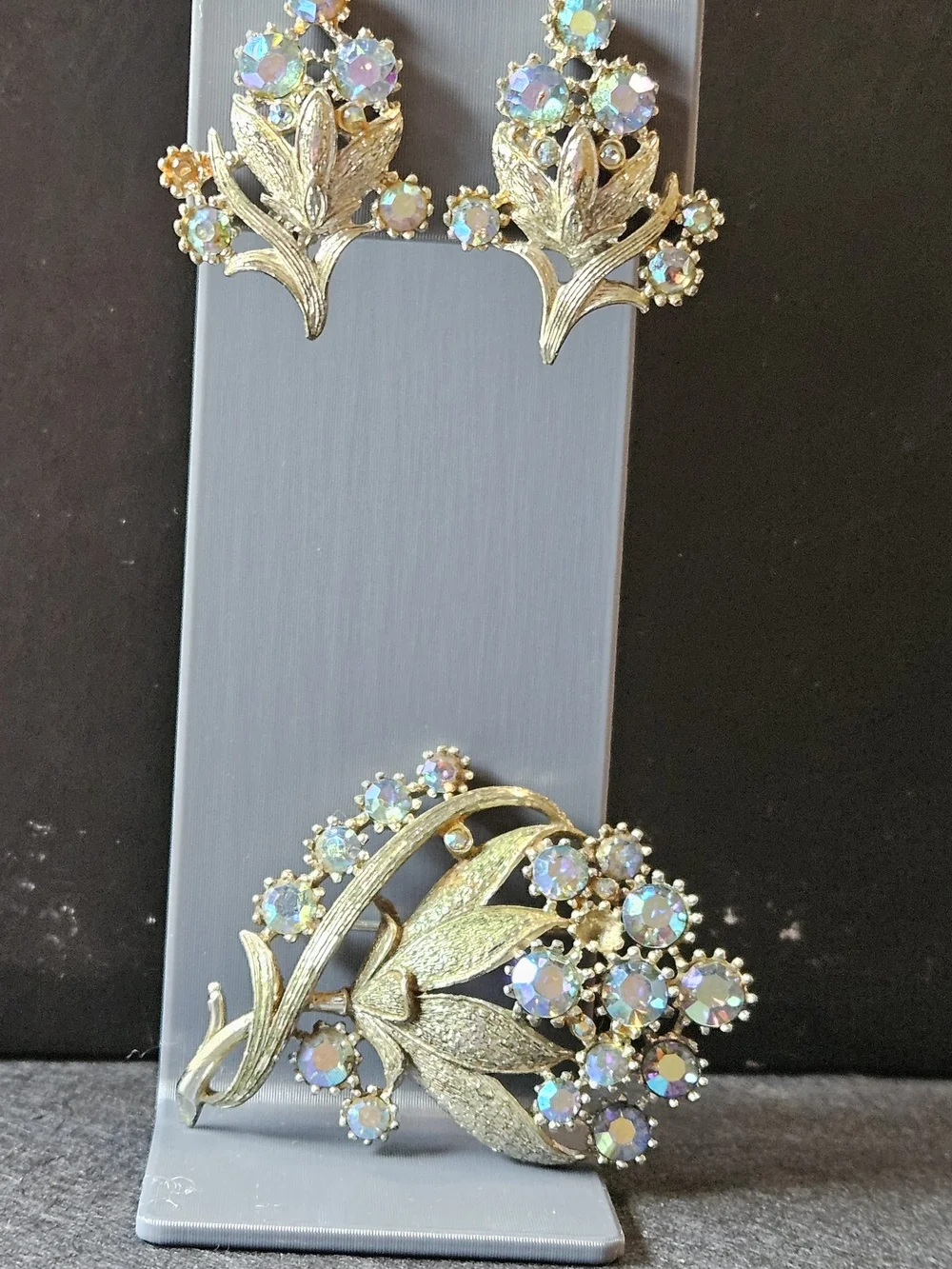 Pewter-Tone Aurora Borealis Floral Brooch and Clip On Earring Set. 1 Stone Gone
